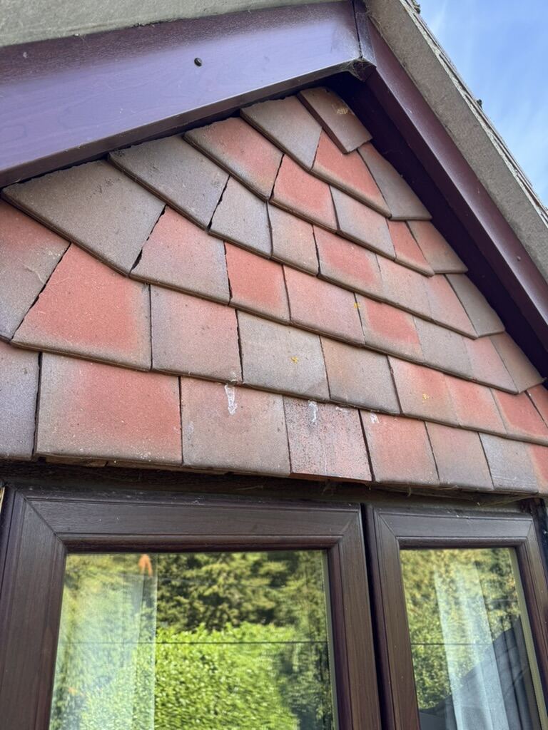 Close-up of repaired roof tiles